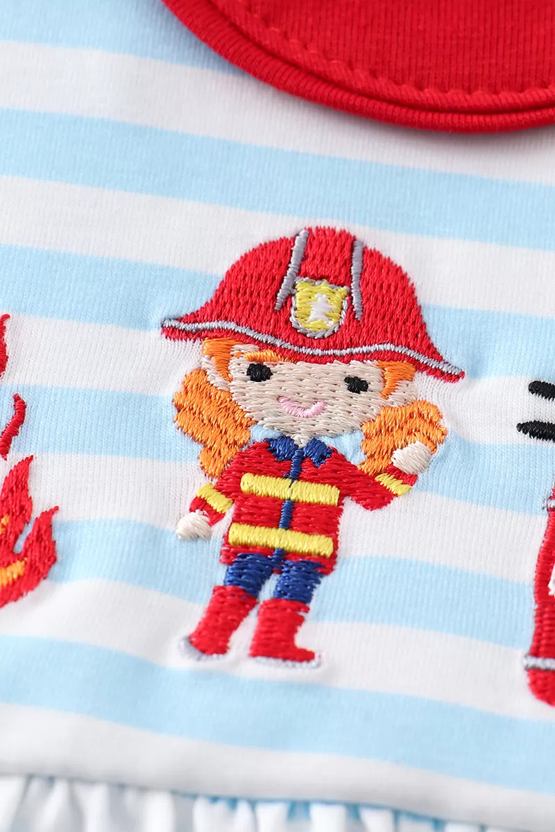 Blue stripe fire engine embroidery girl set