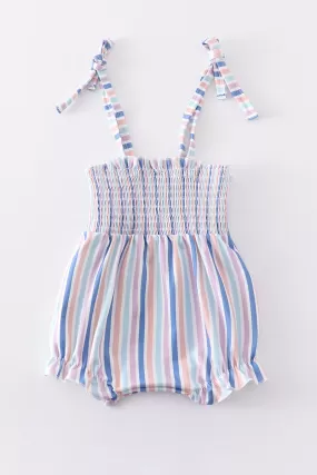 Blue stripe smocked strap girl bubble