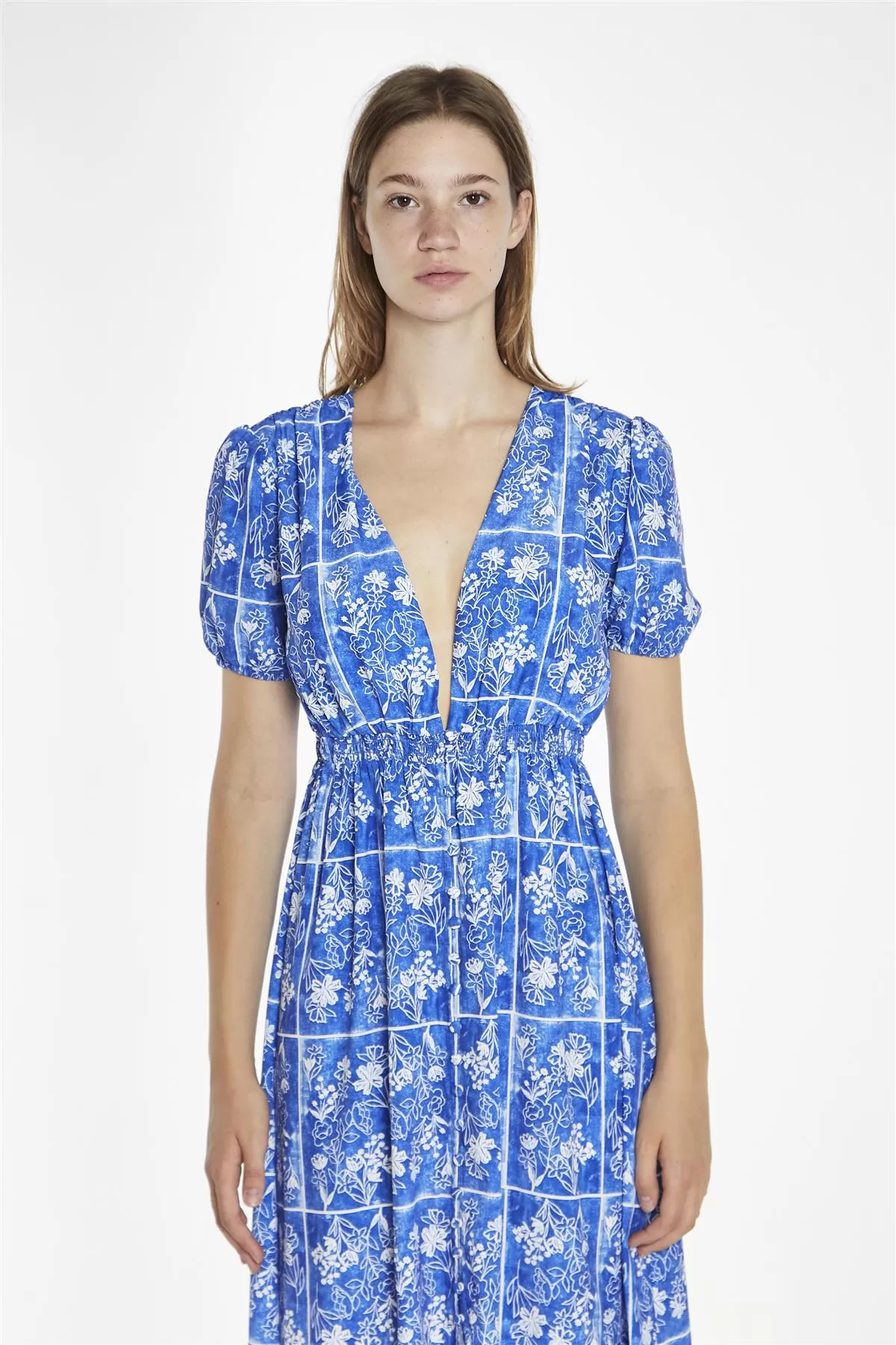 Blue-Tile Button-Front Midaxi-Dress