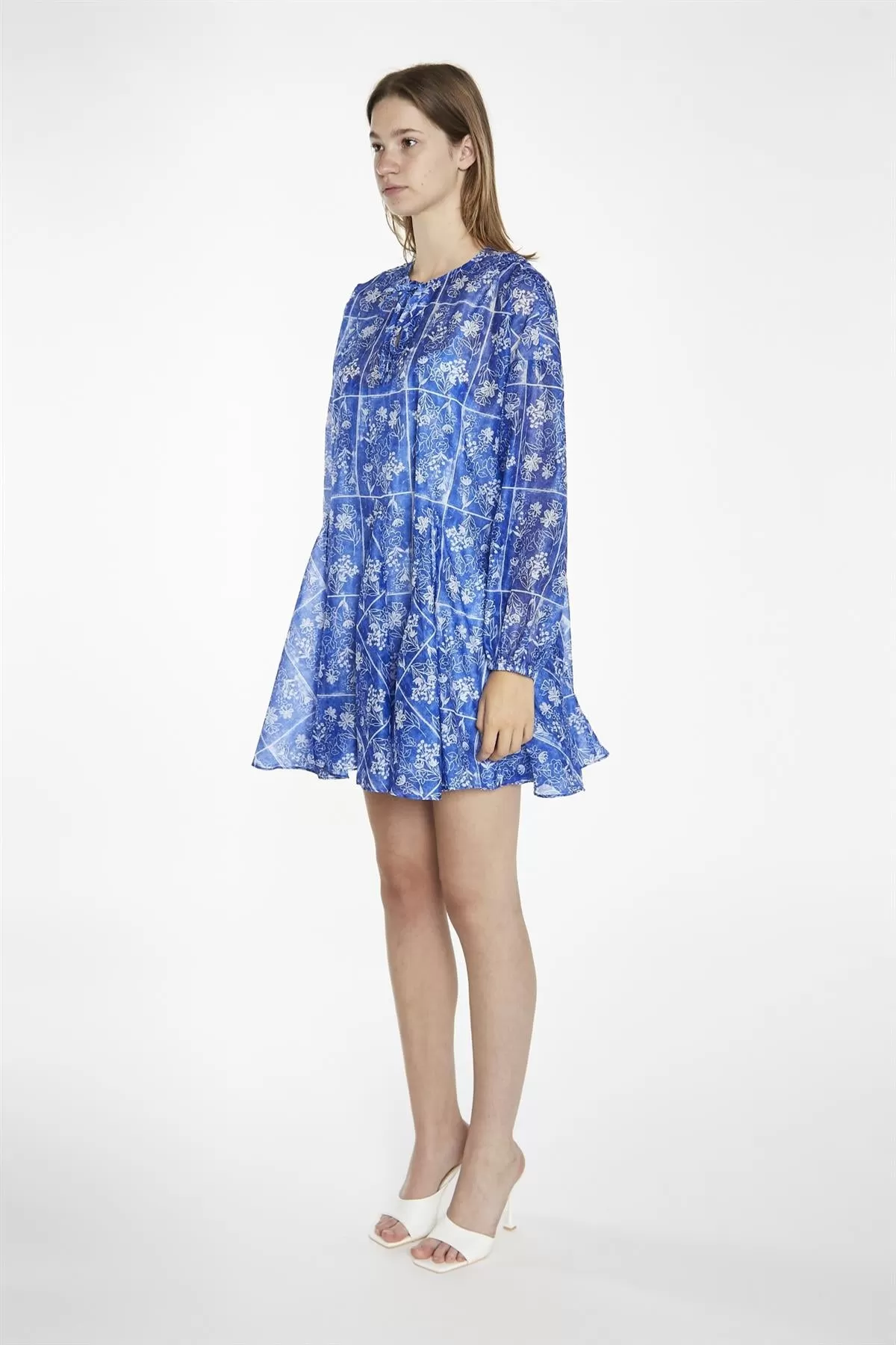 Blue-Tile Organza Oversized Swing Mini-Dress