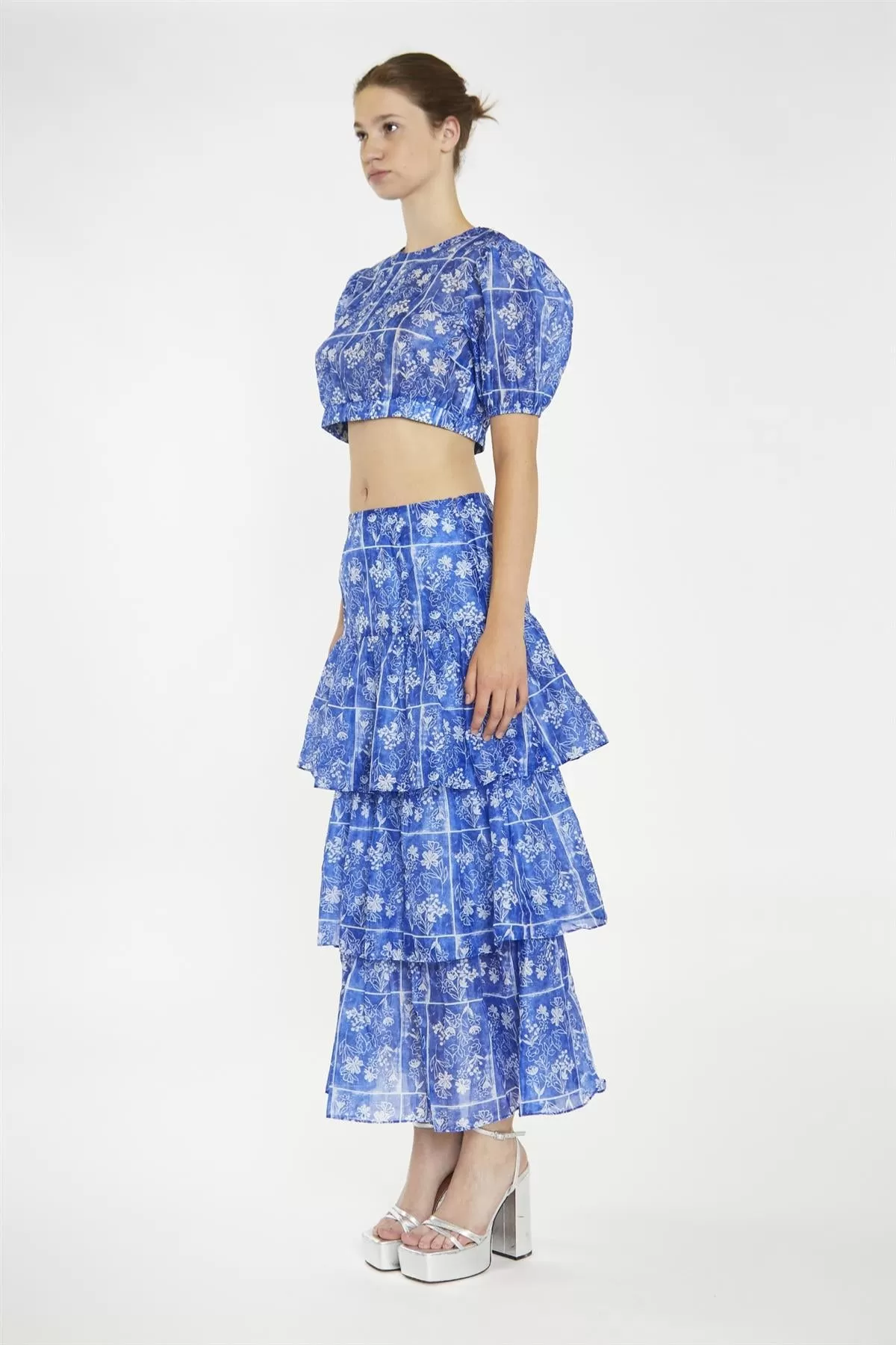 Blue-Tile Organza Puff Sleeve Crop-Top