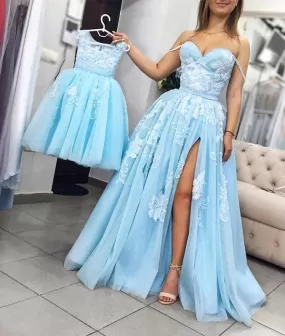 Blue tulle lace long prom dress, blue tulle lace evening dress