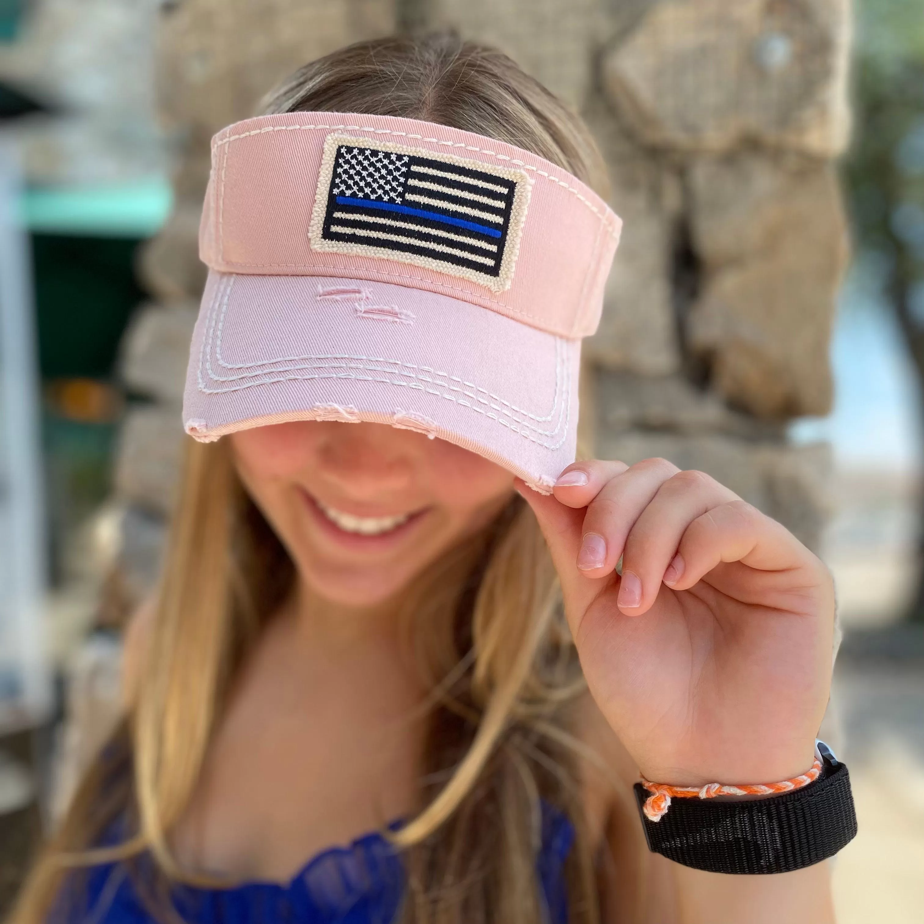 Blush Pink Blue Line Flag Vintage Distressed Visor