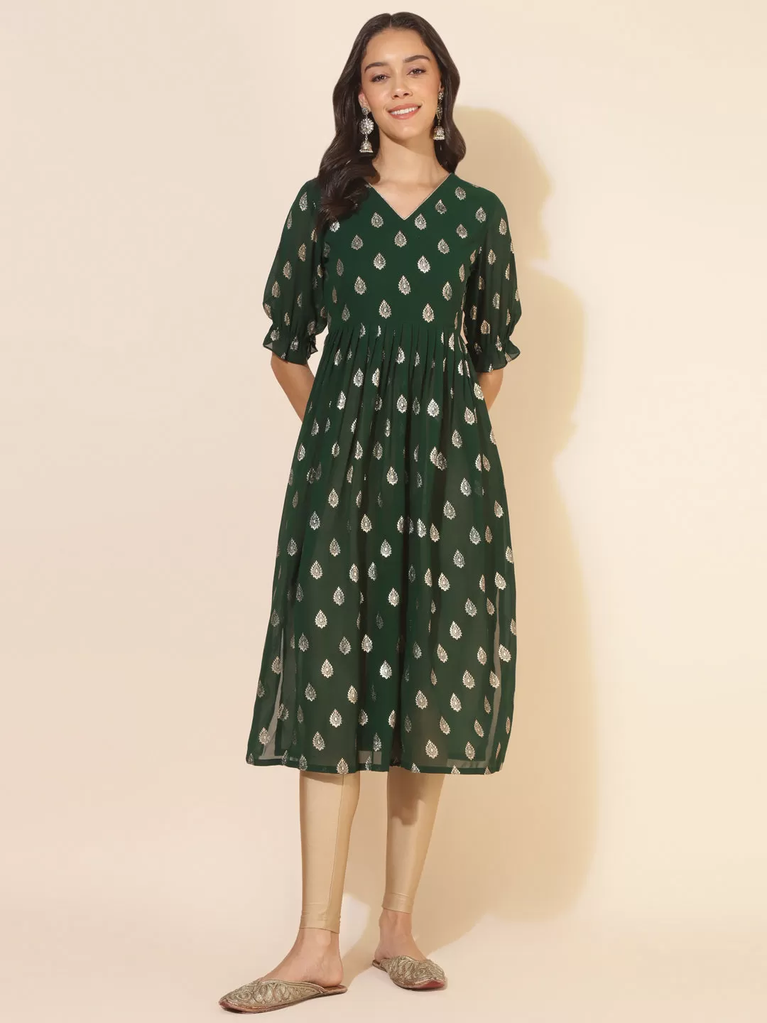 Bottle Green Georgette Foil Printed Gathered Kurta