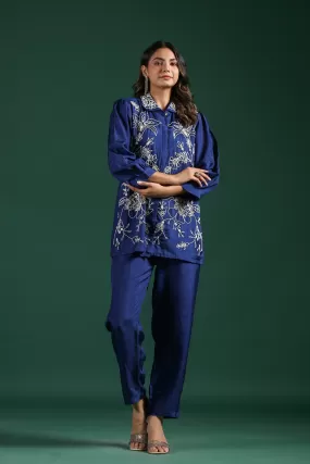 Bright Blue Embellished Raw Silk Co-Ord Set