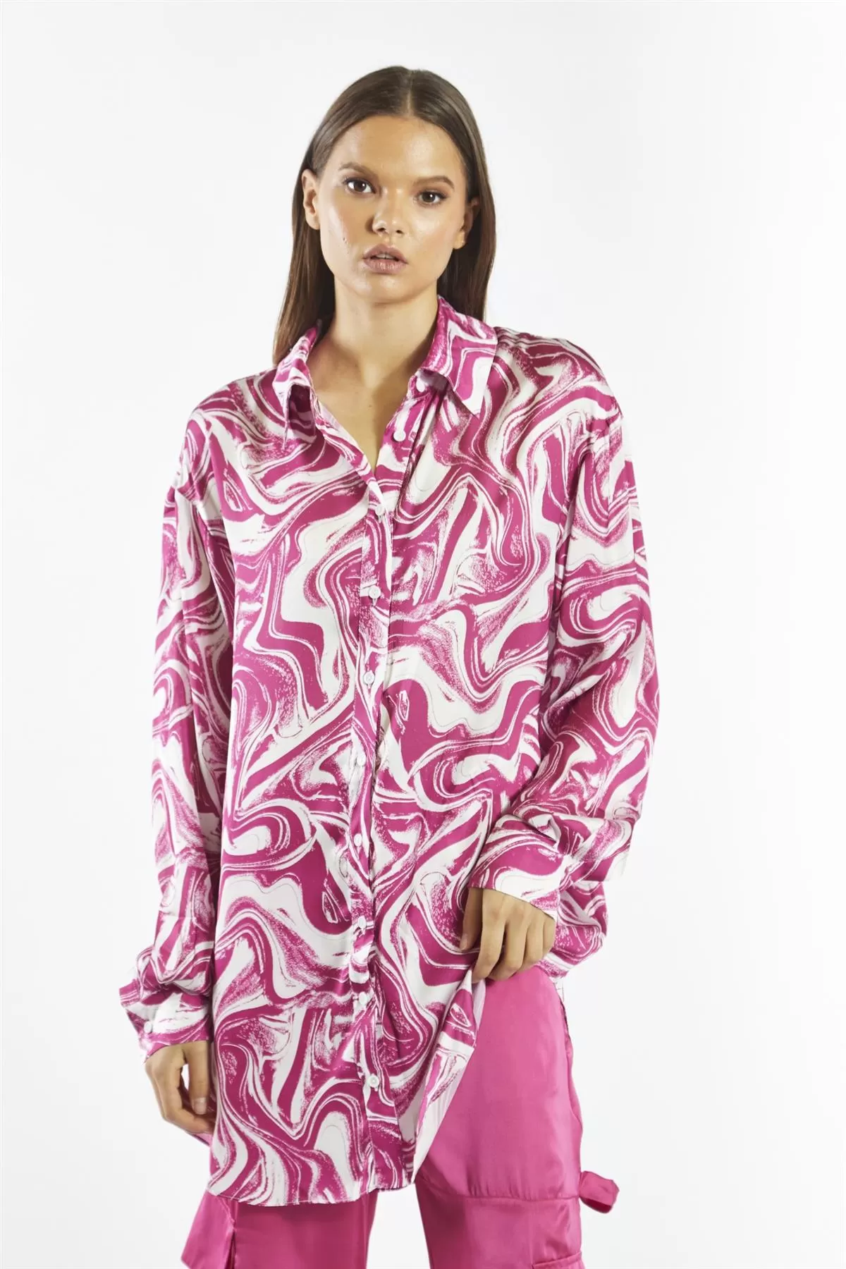 Bright-Pink Marble Oversized-Shirt