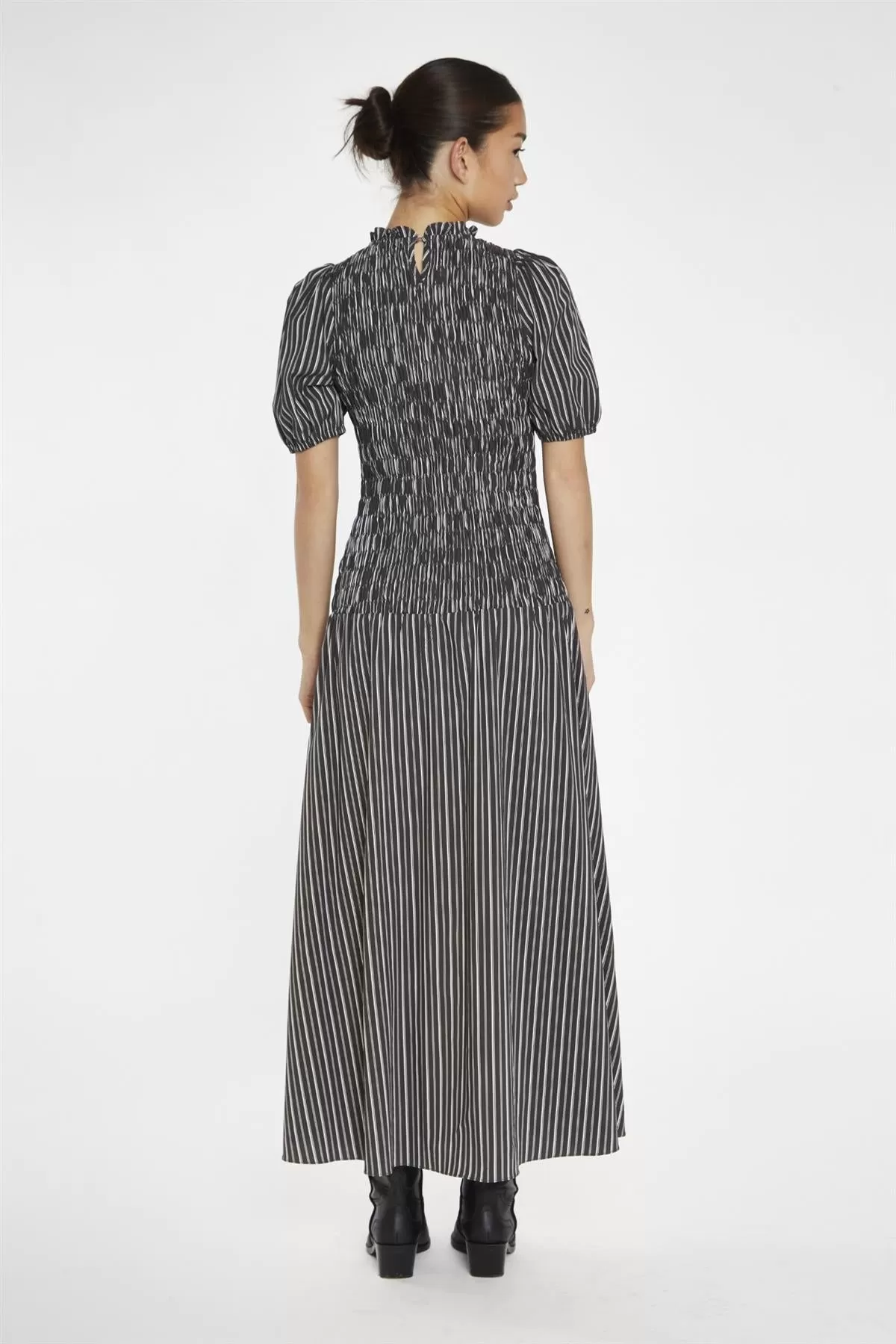 Brown-White Stripe Shirred Bodice Maxi-Dress