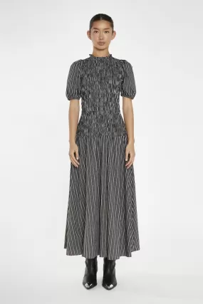 Brown-White Stripe Shirred Bodice Maxi-Dress