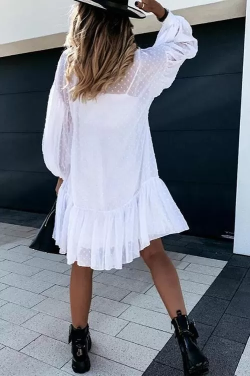 Button Puff Long Sleeve Mini Dress