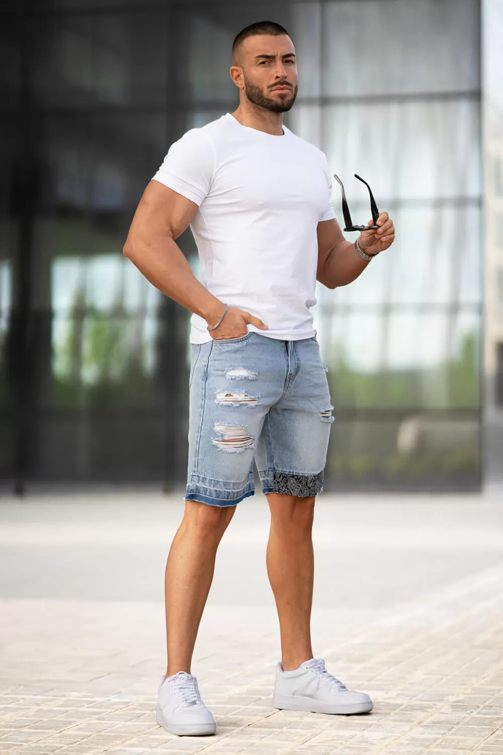 Buy $80 Free Shipping Men's Ripped Denim Short - Light Blue