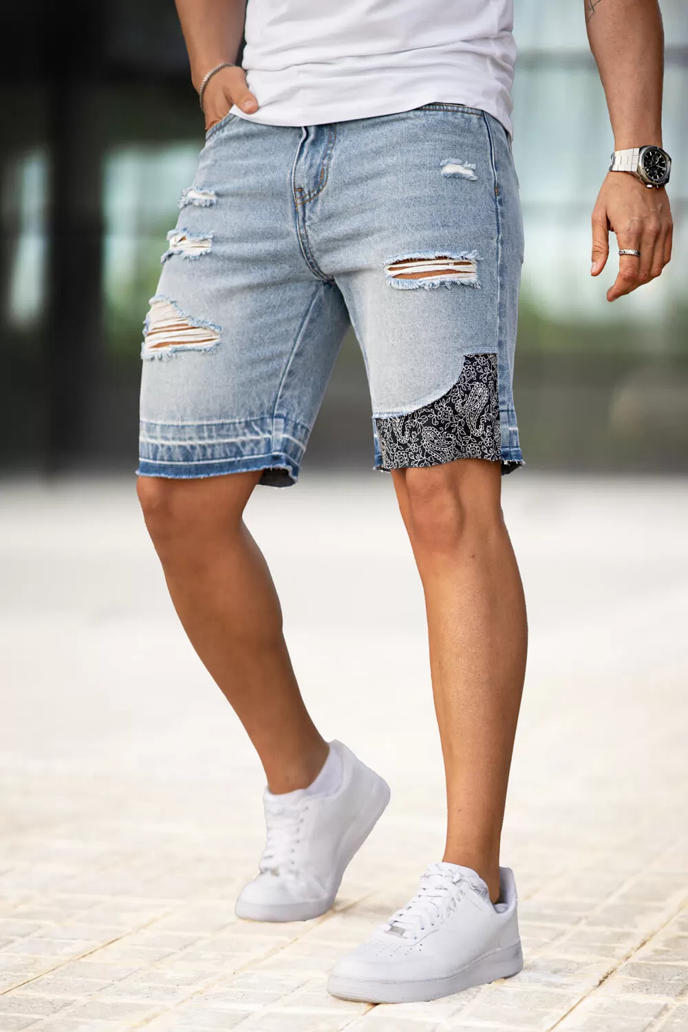 Buy $80 Free Shipping Men's Ripped Denim Short - Light Blue