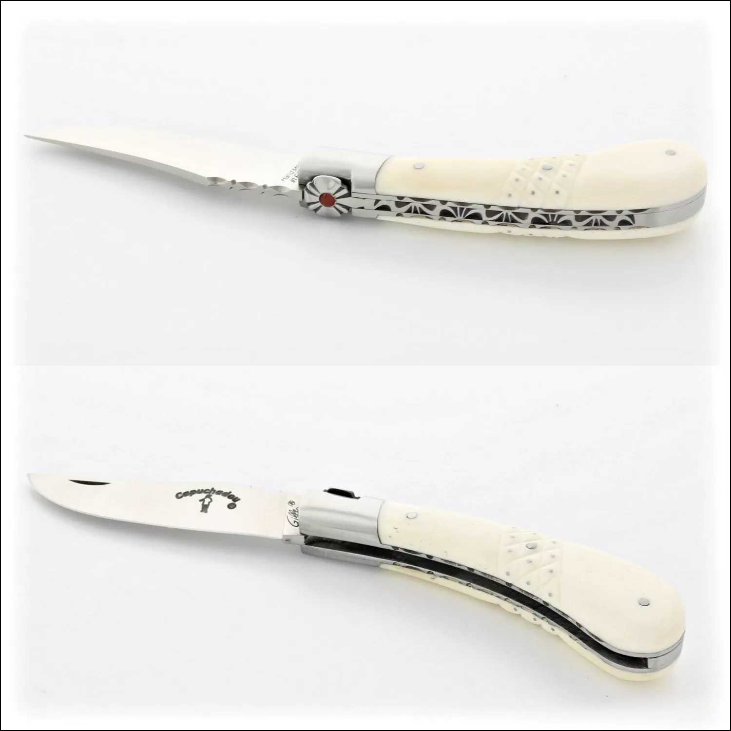 Capuchadou 10 cm Guilloche Folding Knife Studded Bone Handle