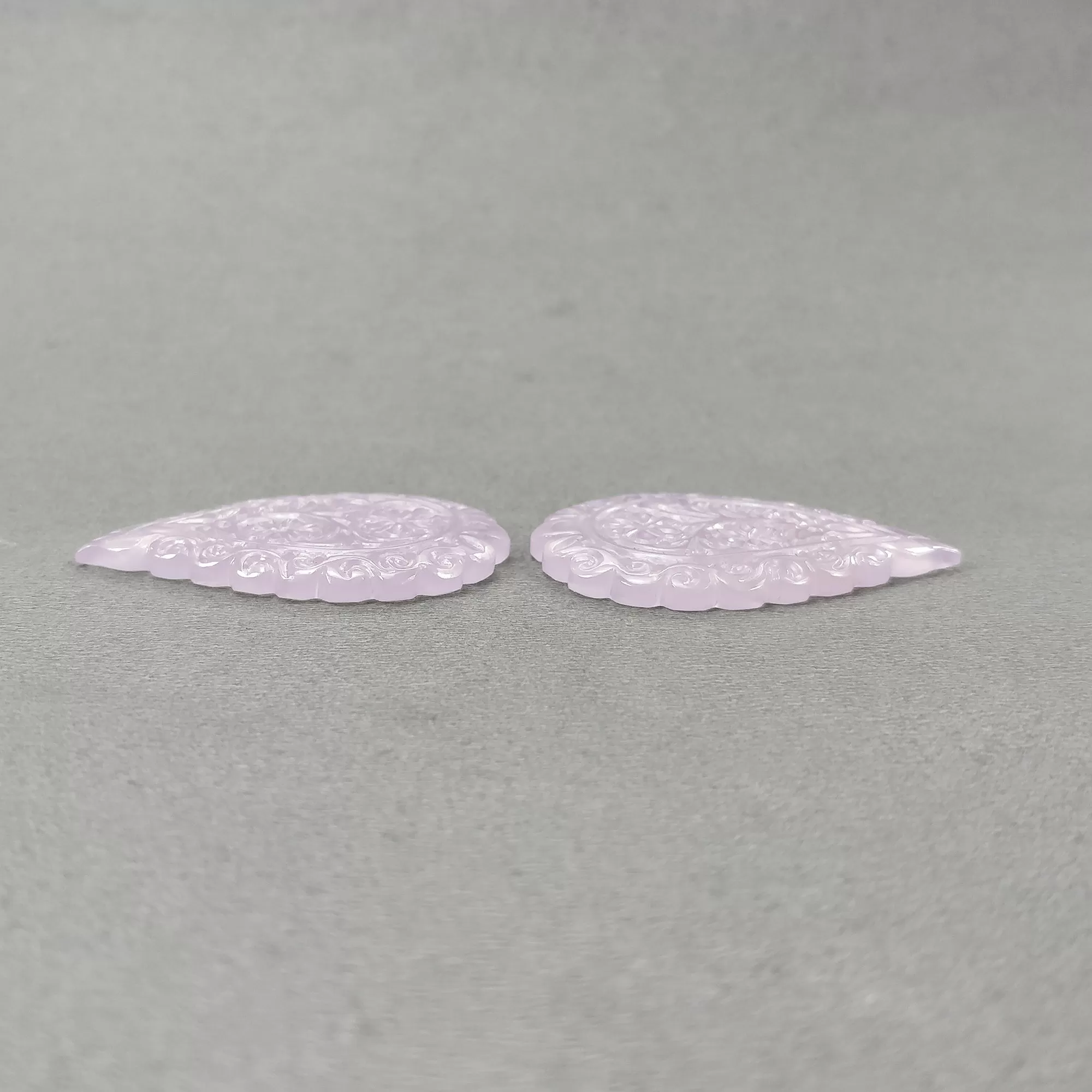 Chalcedony Gemstone Carving: 79.35ct Natural Untreated Pink Chalcedony One Side Hand Carved Indian Leaf 46*30.5mm- 46.5*31mm 2pc