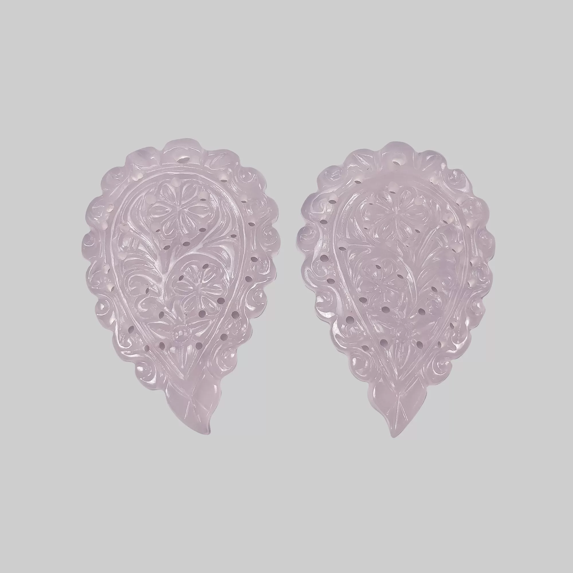 Chalcedony Gemstone Carving: 79.35ct Natural Untreated Pink Chalcedony One Side Hand Carved Indian Leaf 46*30.5mm- 46.5*31mm 2pc