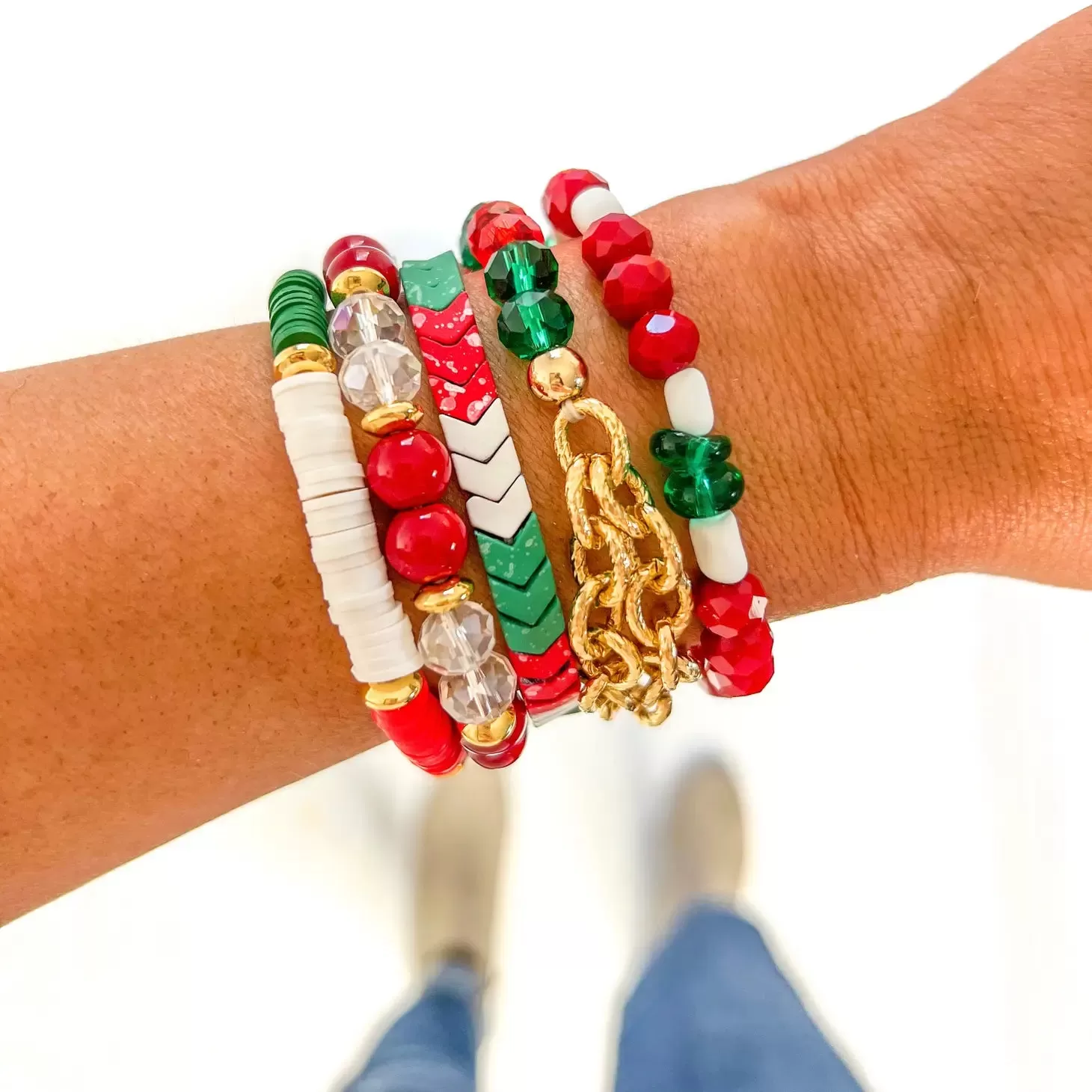 Christmas Red Green White Chevron Bracelet Stack