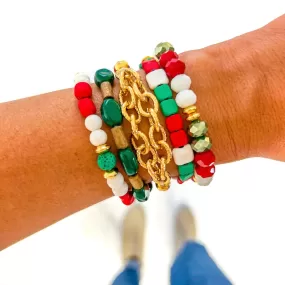 Christmas Red White Green Wood Bracelet Stack