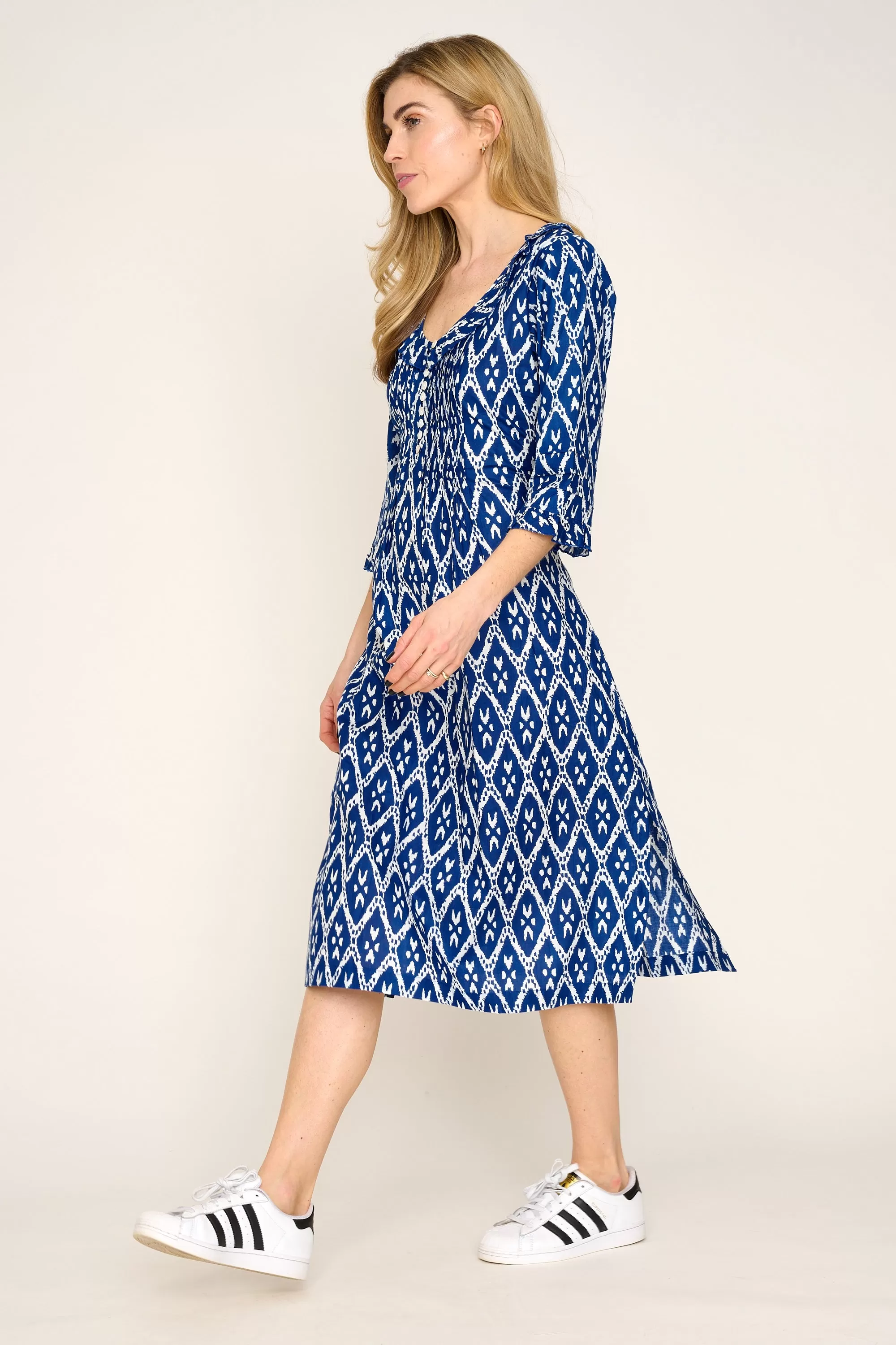 Cotton Karen 3/4 Sleeve Day Dress in Blue Diamond