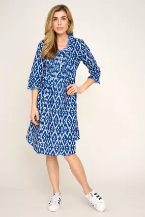 Cotton Karen 3/4 Sleeve Day Dress in Blue Diamond