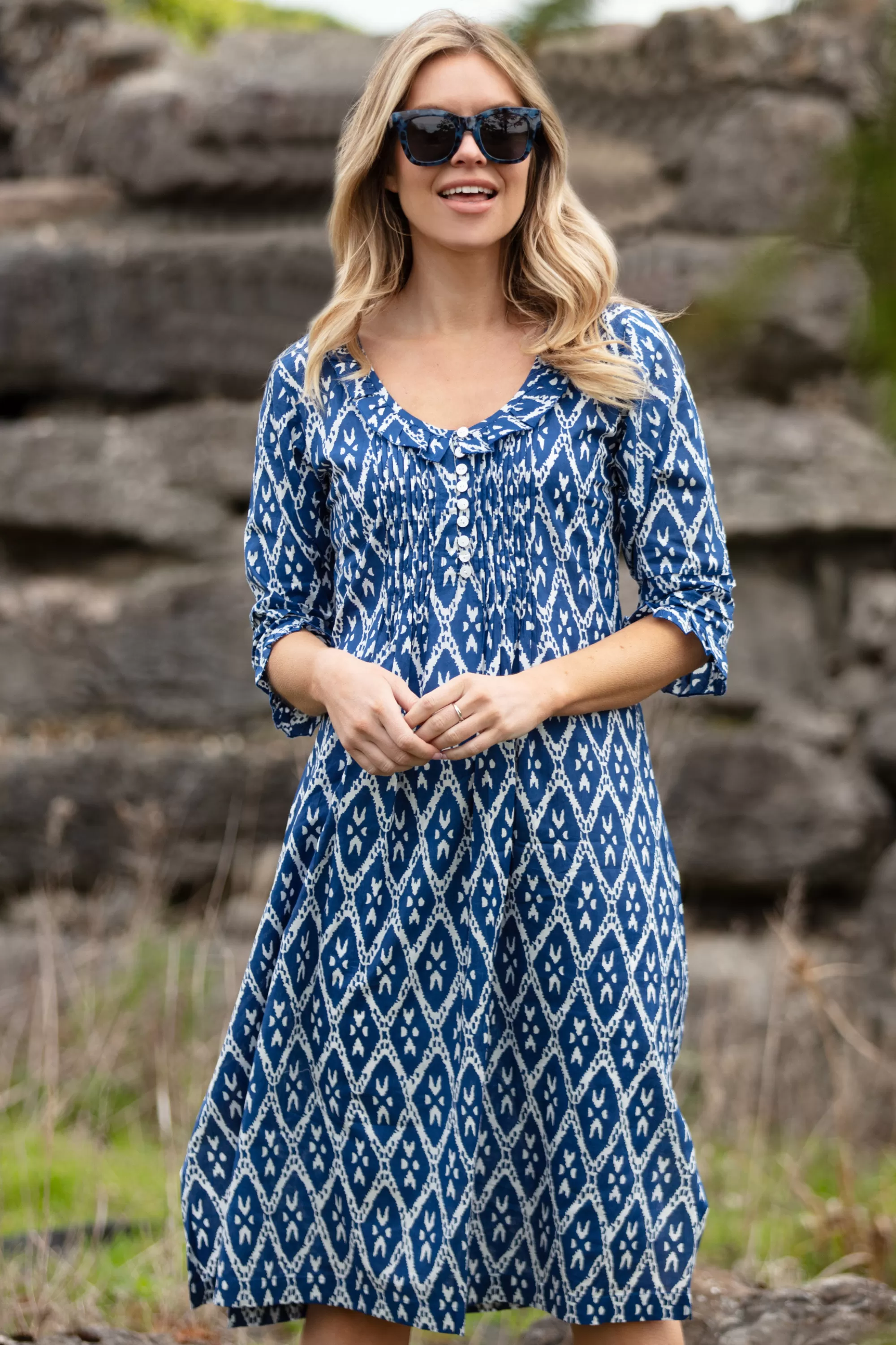 Cotton Karen 3/4 Sleeve Day Dress in Blue Diamond