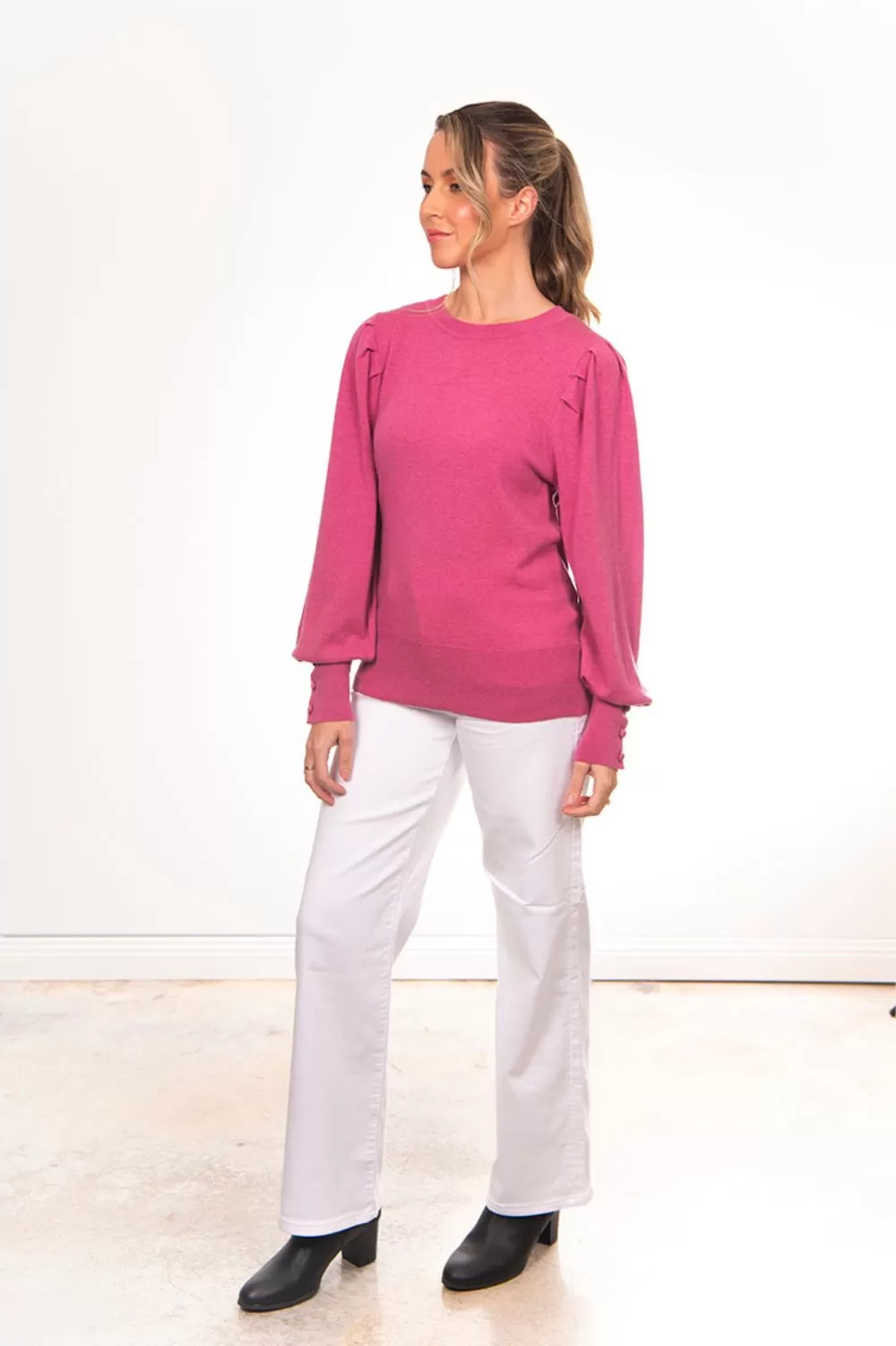 Crew Neck Pullover With Puff Sleeve | Pink Rose