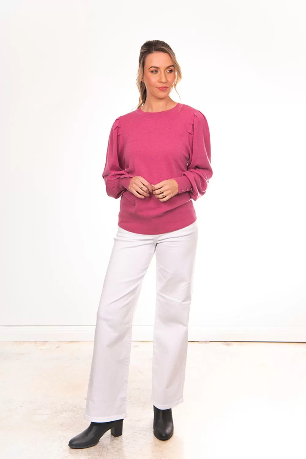 Crew Neck Pullover With Puff Sleeve | Pink Rose