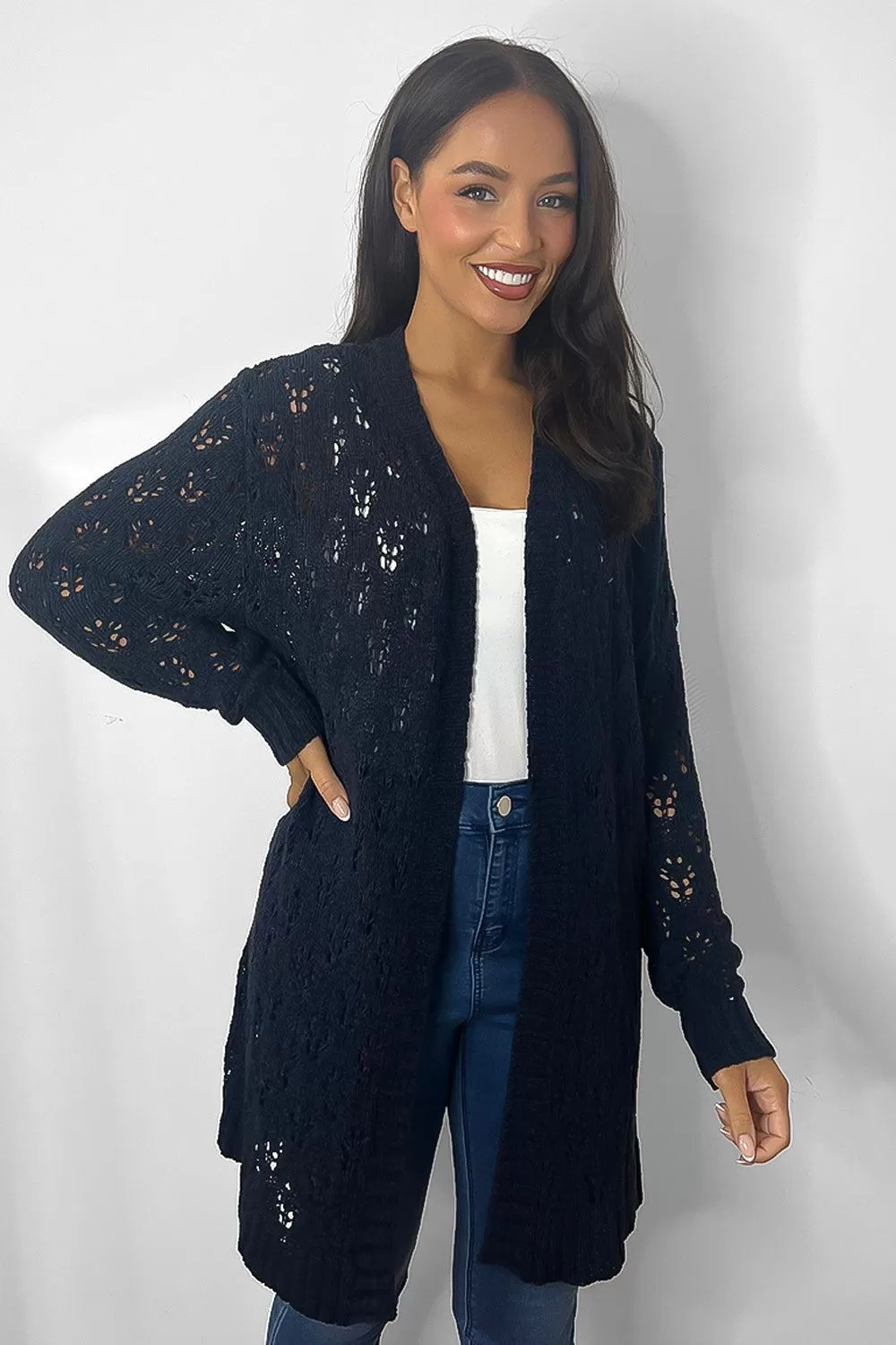 Crochet Knit Open Front Cardigan