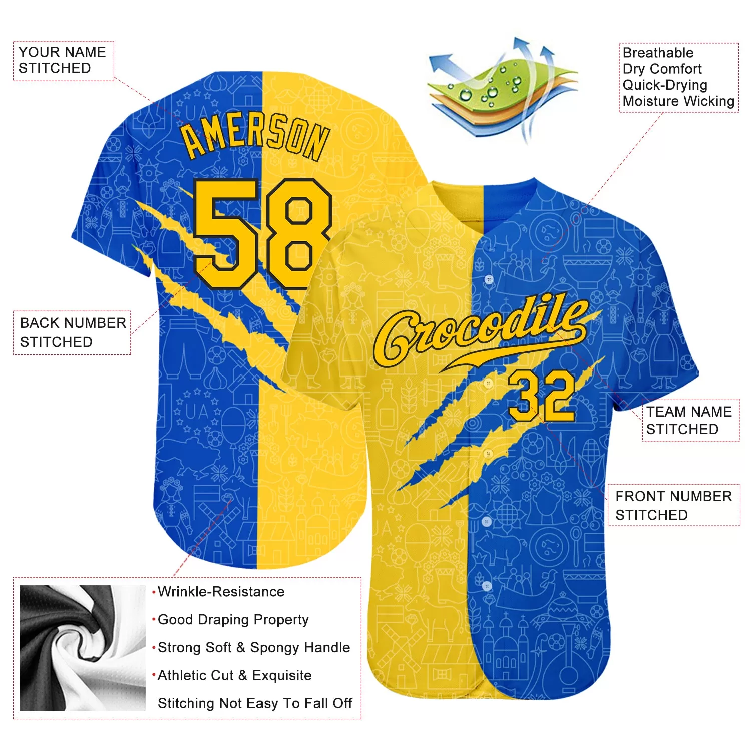 Custom 3D Pattern Design Ukrainian Flag Authentic Baseball Jersey