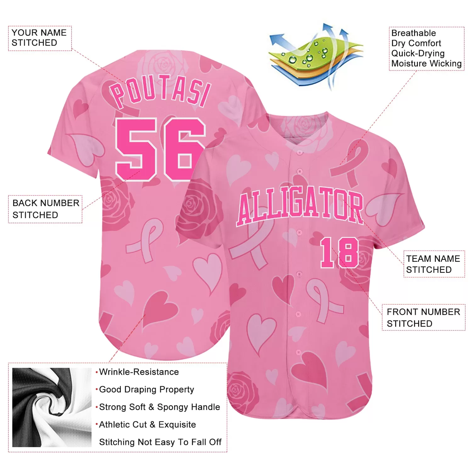 Custom 3D Pink Ribbon Breast Cancer Awareness Month Women Health Care Support Authentic Baseball Jersey