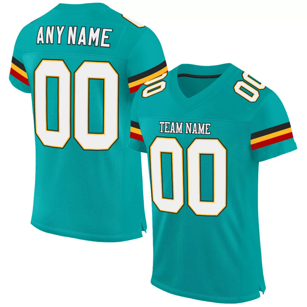 Custom Aqua White-Gold Mesh Authentic Football Jersey