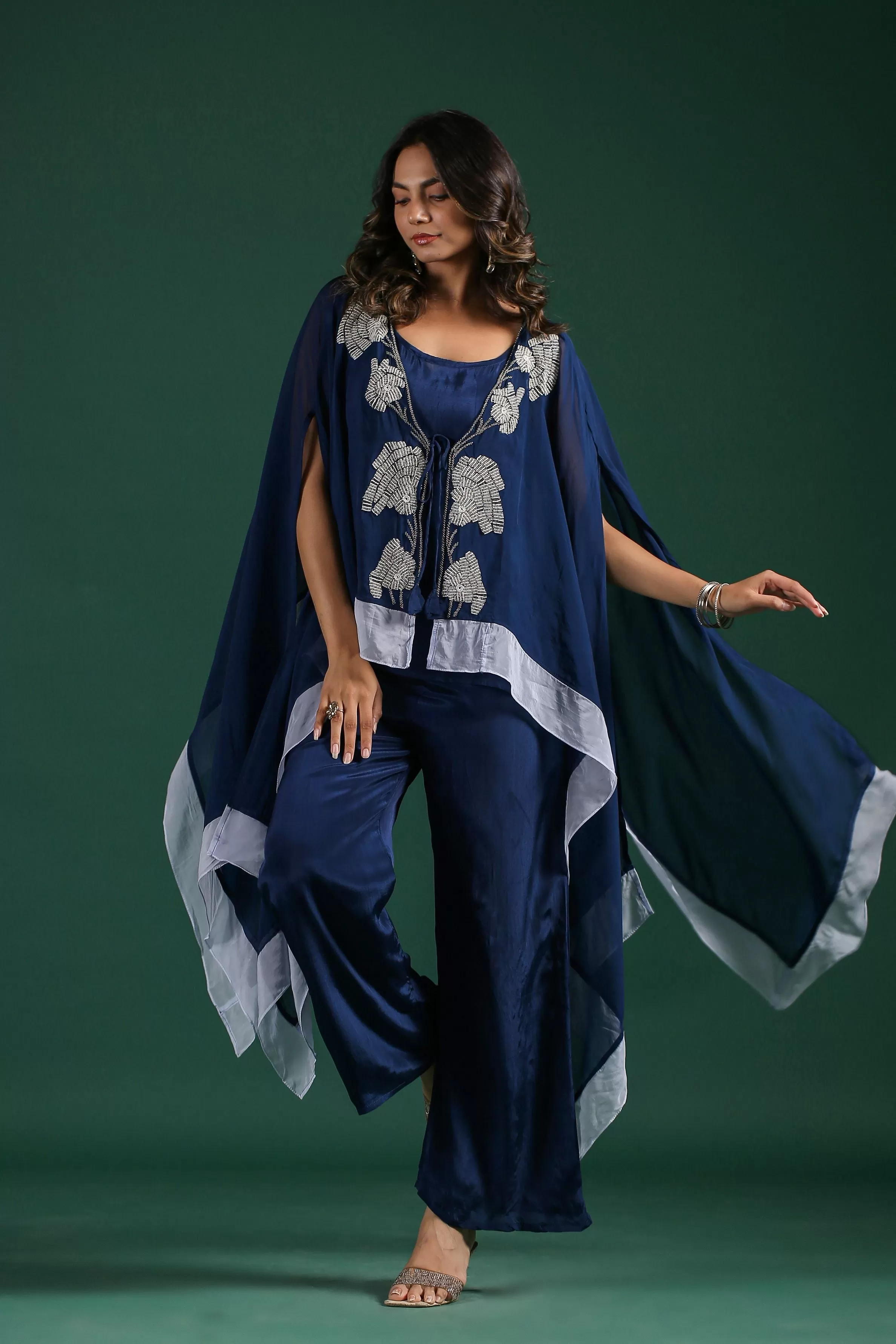 Deep Blue Embellised Organza Silk Cape Set