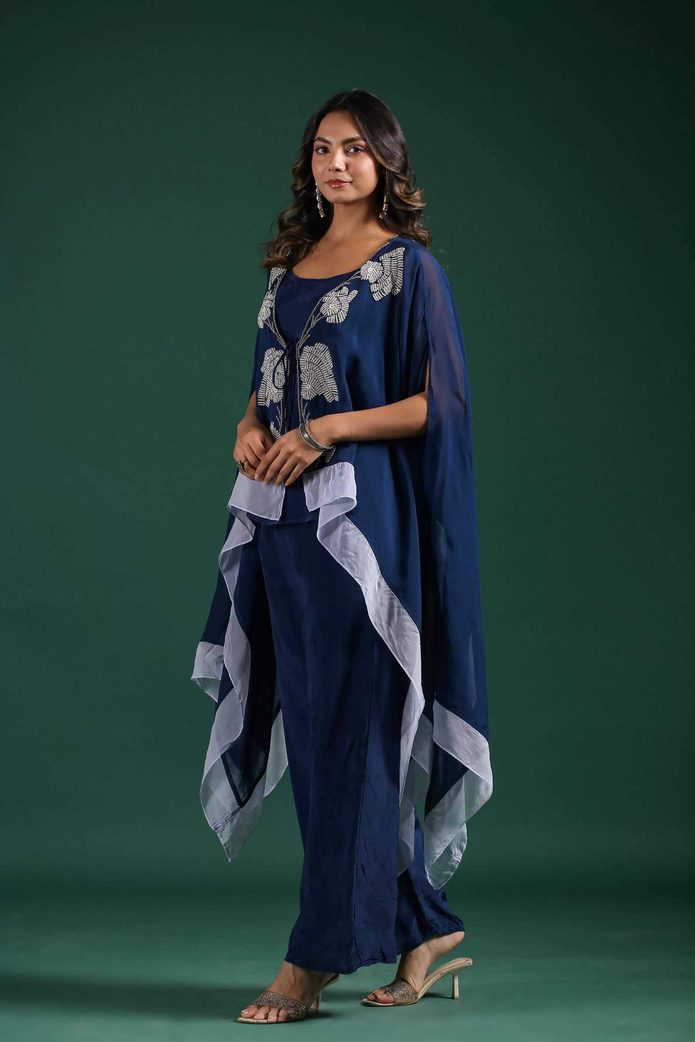 Deep Blue Embellised Organza Silk Cape Set