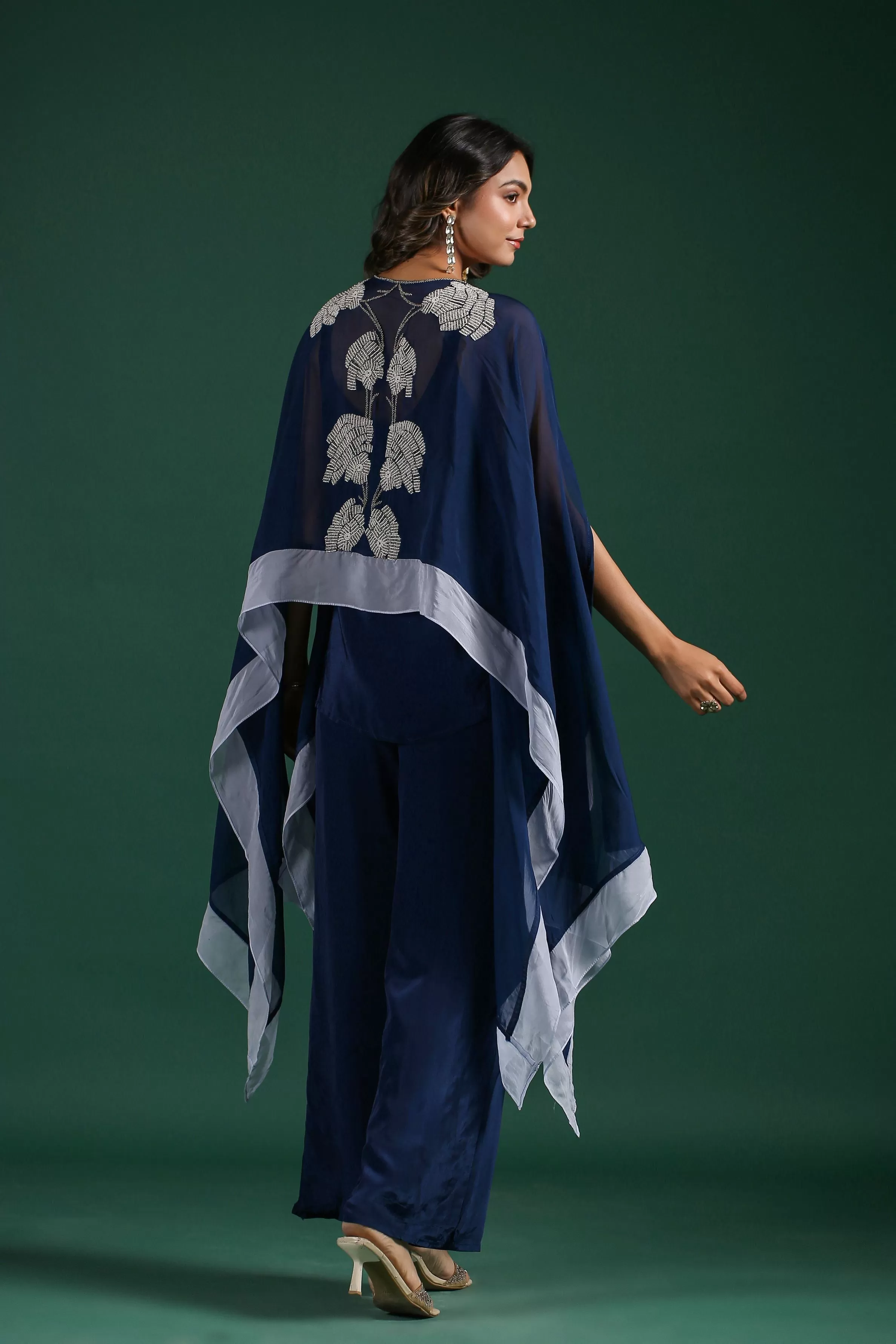 Deep Blue Embellised Organza Silk Cape Set