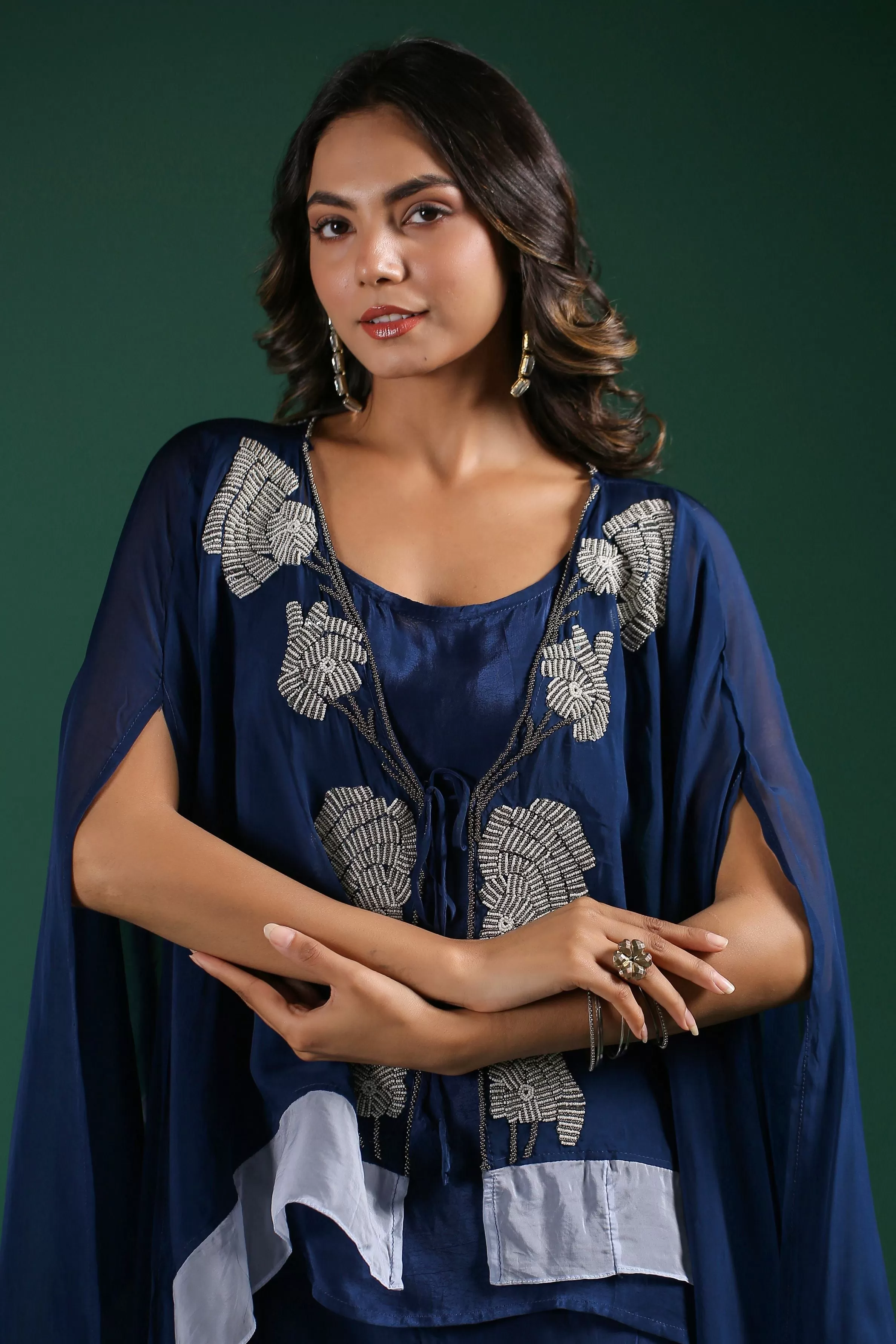 Deep Blue Embellised Organza Silk Cape Set