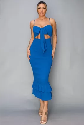 Denisse Royal Blue Front Tie Chiffon Smocked Midi Dress