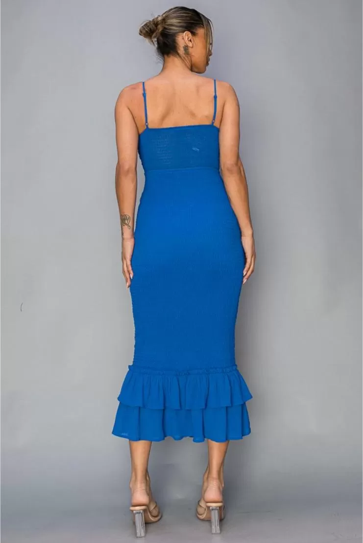 Denisse Royal Blue Front Tie Chiffon Smocked Midi Dress