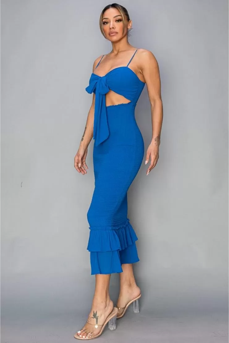 Denisse Royal Blue Front Tie Chiffon Smocked Midi Dress