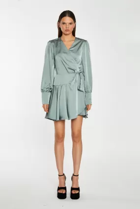 Dusty-Green Satin Wrap Mini-Dress