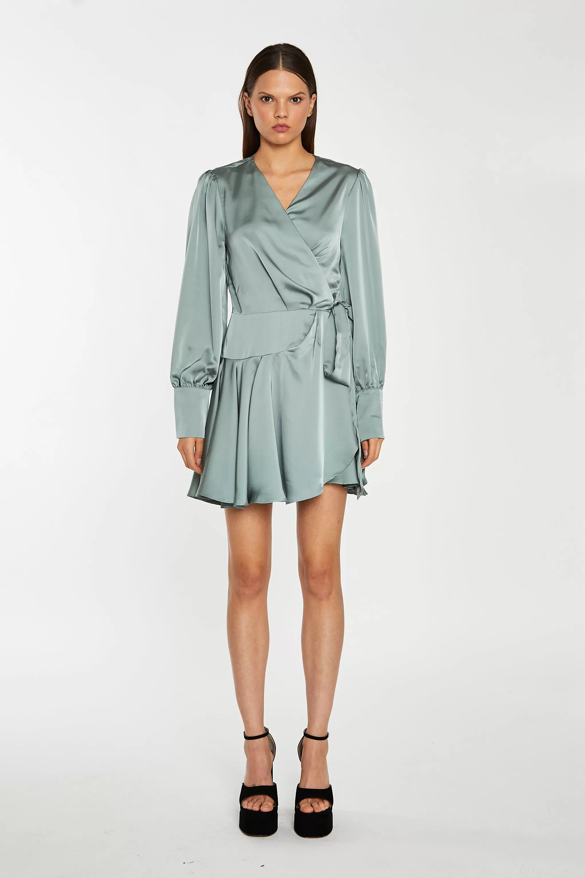 Dusty-Green Satin Wrap Mini-Dress