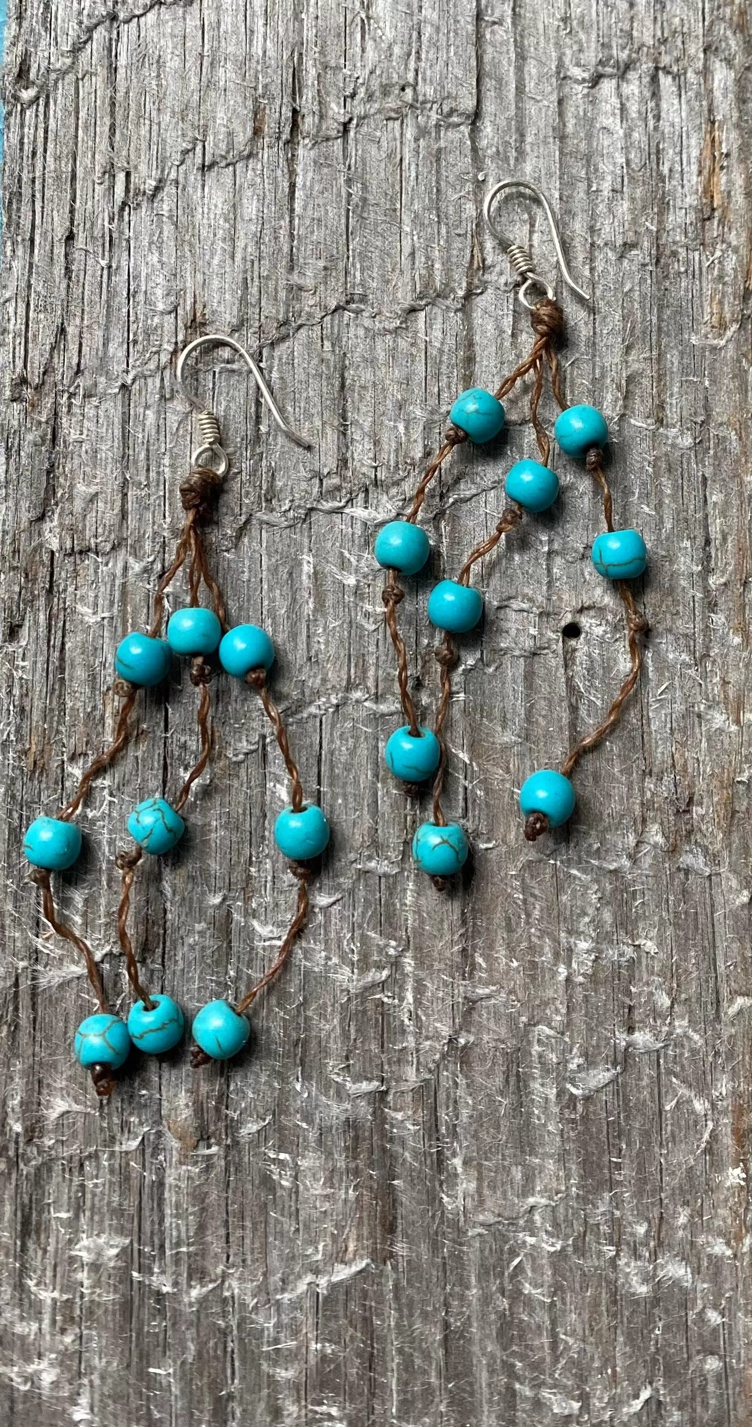 Earrings turquoise beads and tan leather with sterling silver hooks