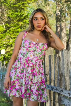 Fancy Ruby Floral Mini Dress- Fuschia/Green