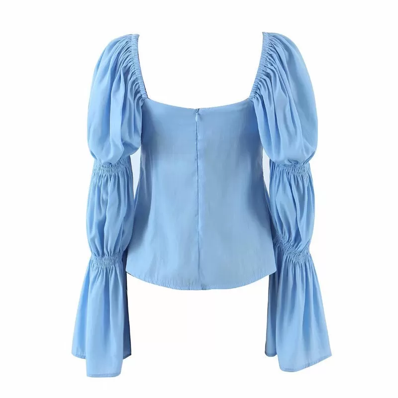 Flare Sleeve Folds Square Collar Split Blouse