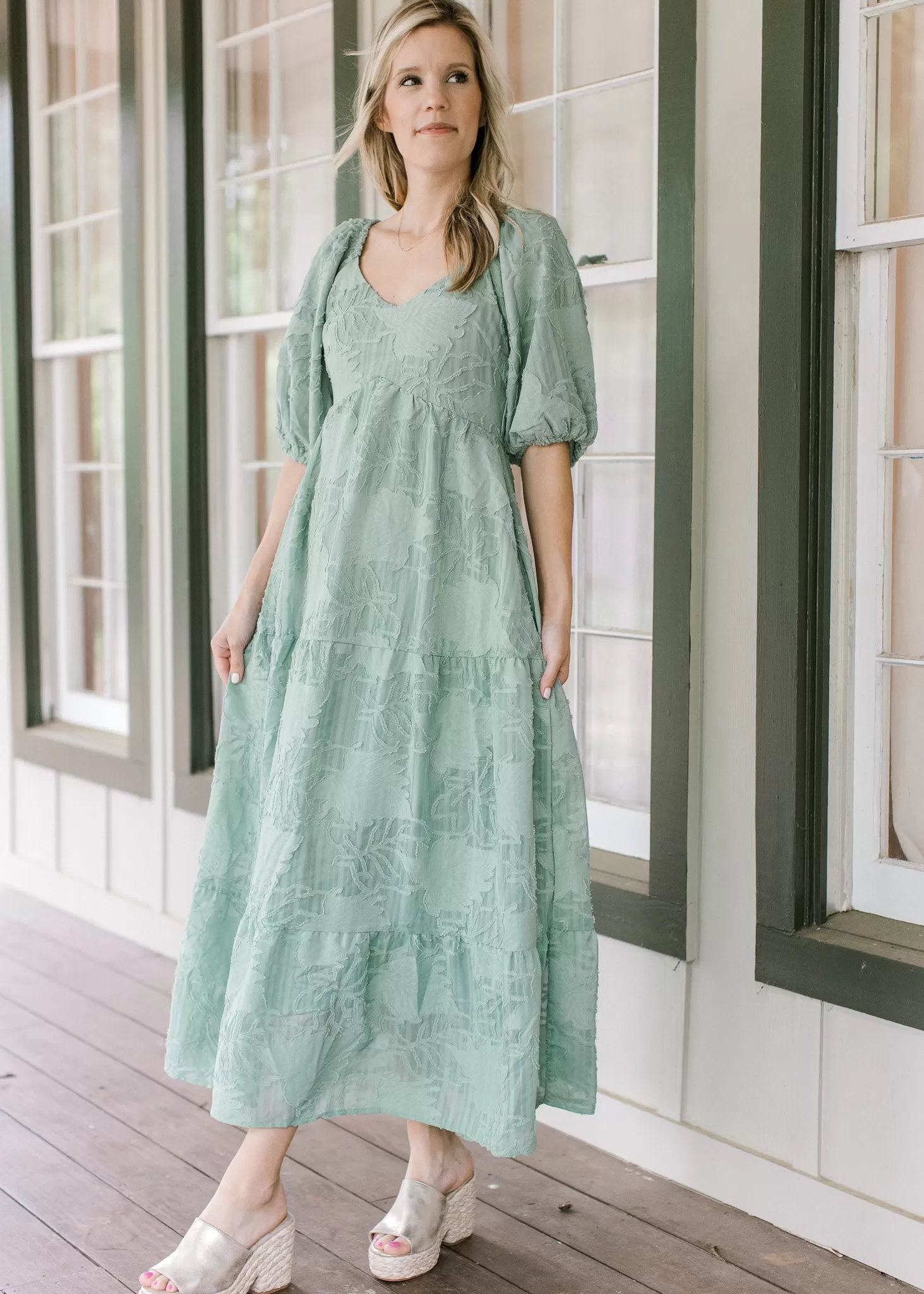 Flocked Sage SS Dress