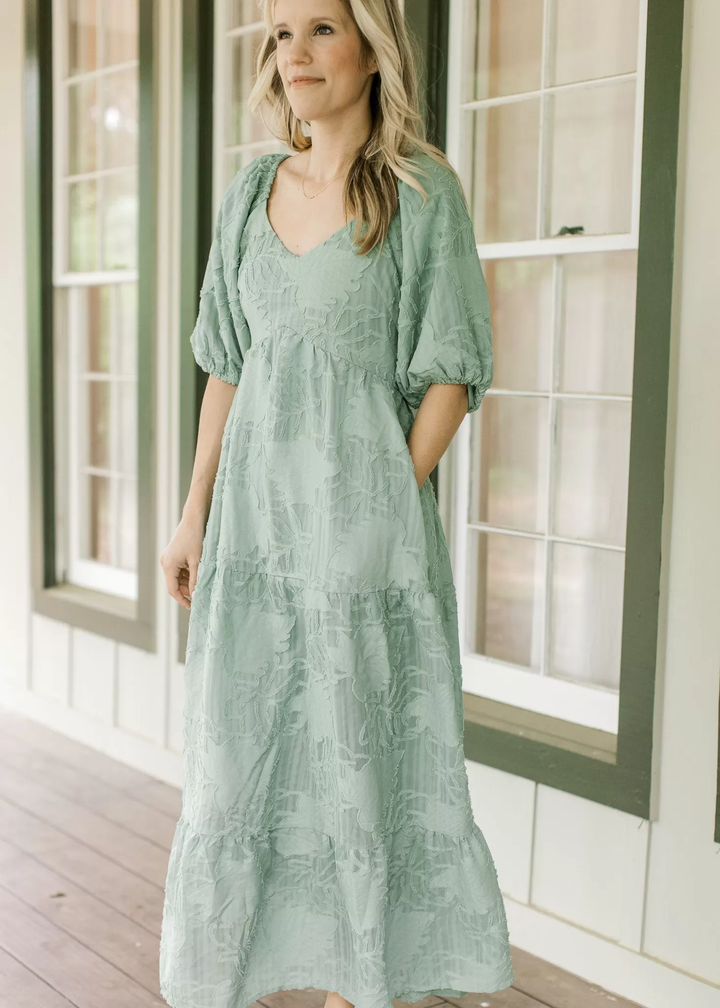 Flocked Sage SS Dress