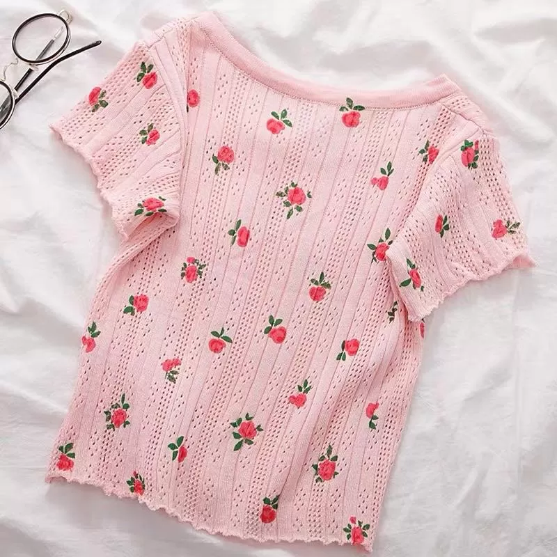 Floral Print Hollow Out Tee