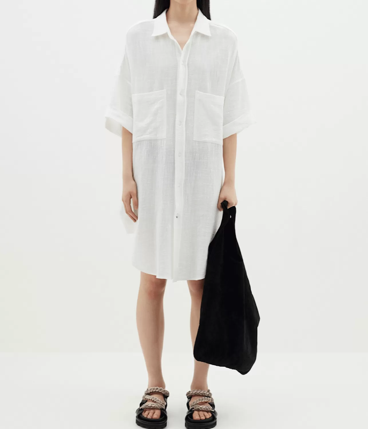 GAUZE OVERSIZED SHIRT DRESS- WHITE