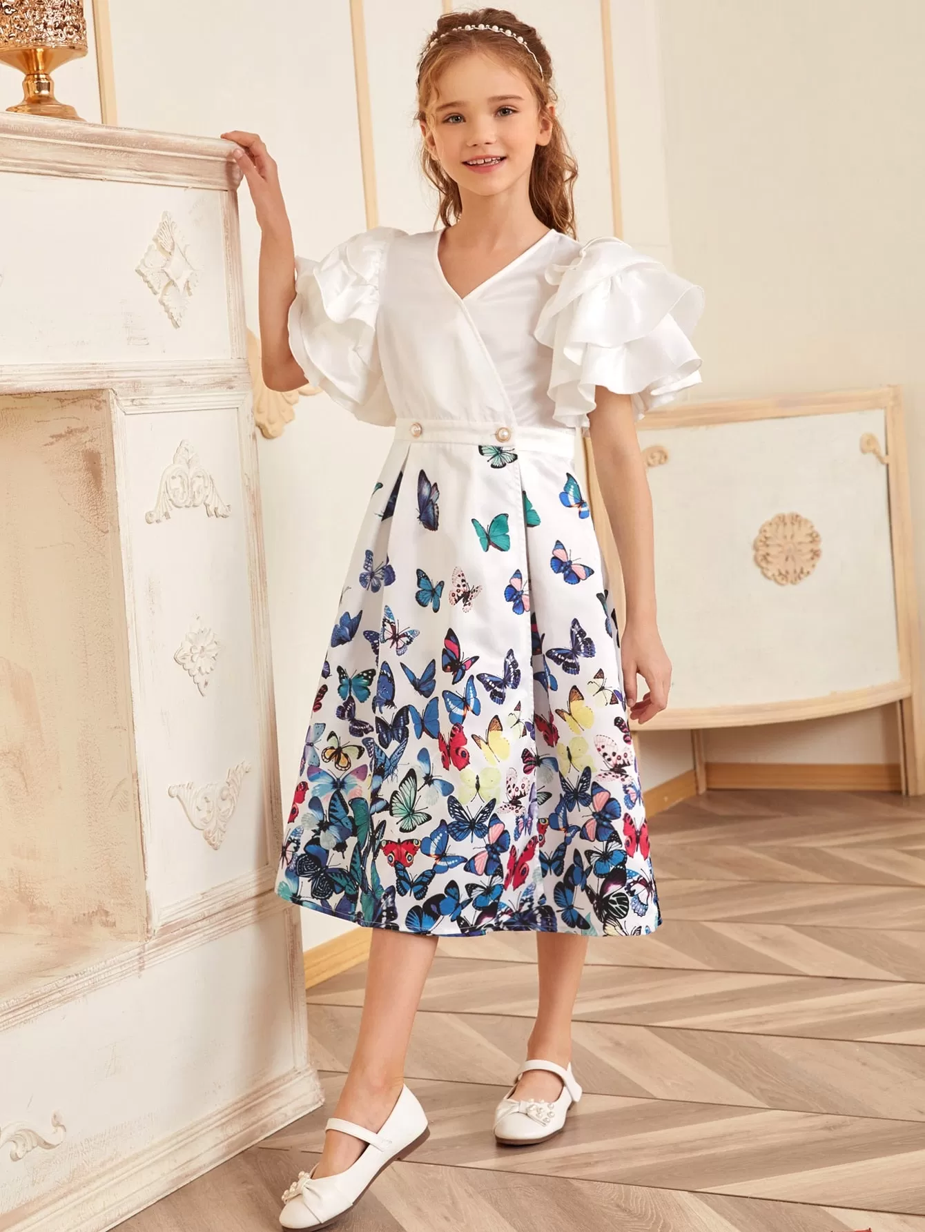 Girls Surplice Neck Exaggerate Ruffle Sleeve Butterfly Satin Dress