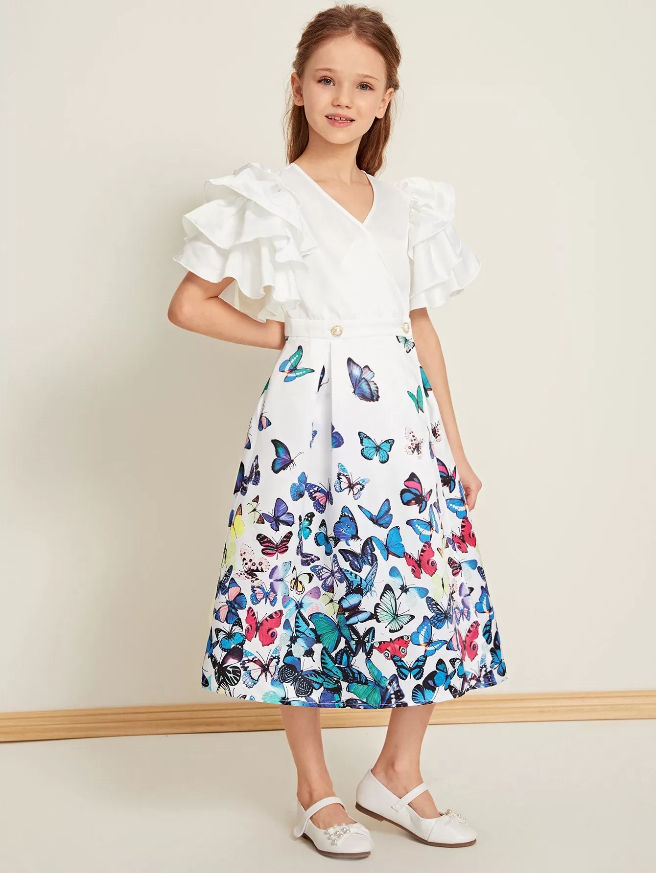 Girls Surplice Neck Exaggerate Ruffle Sleeve Butterfly Satin Dress