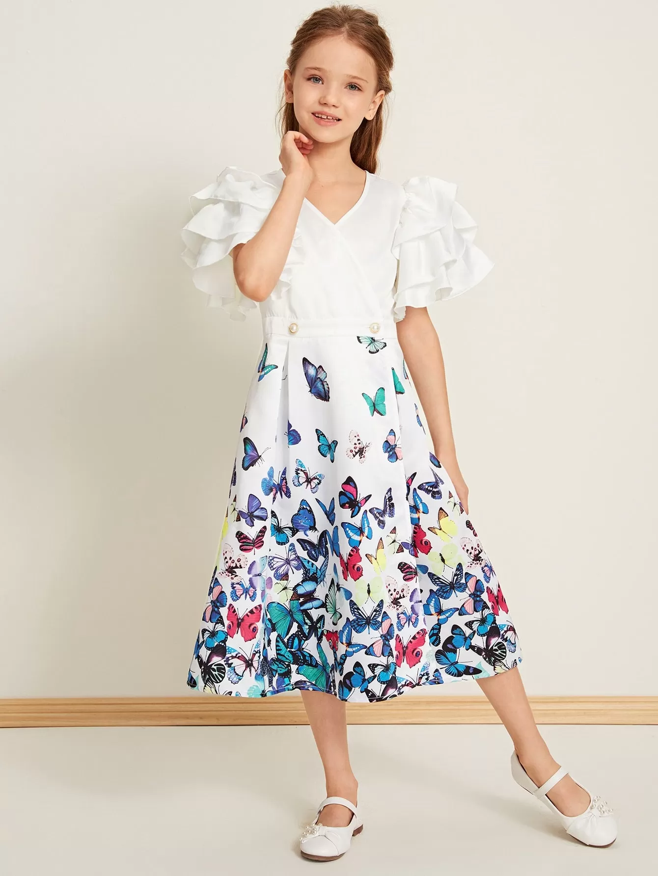 Girls Surplice Neck Exaggerate Ruffle Sleeve Butterfly Satin Dress