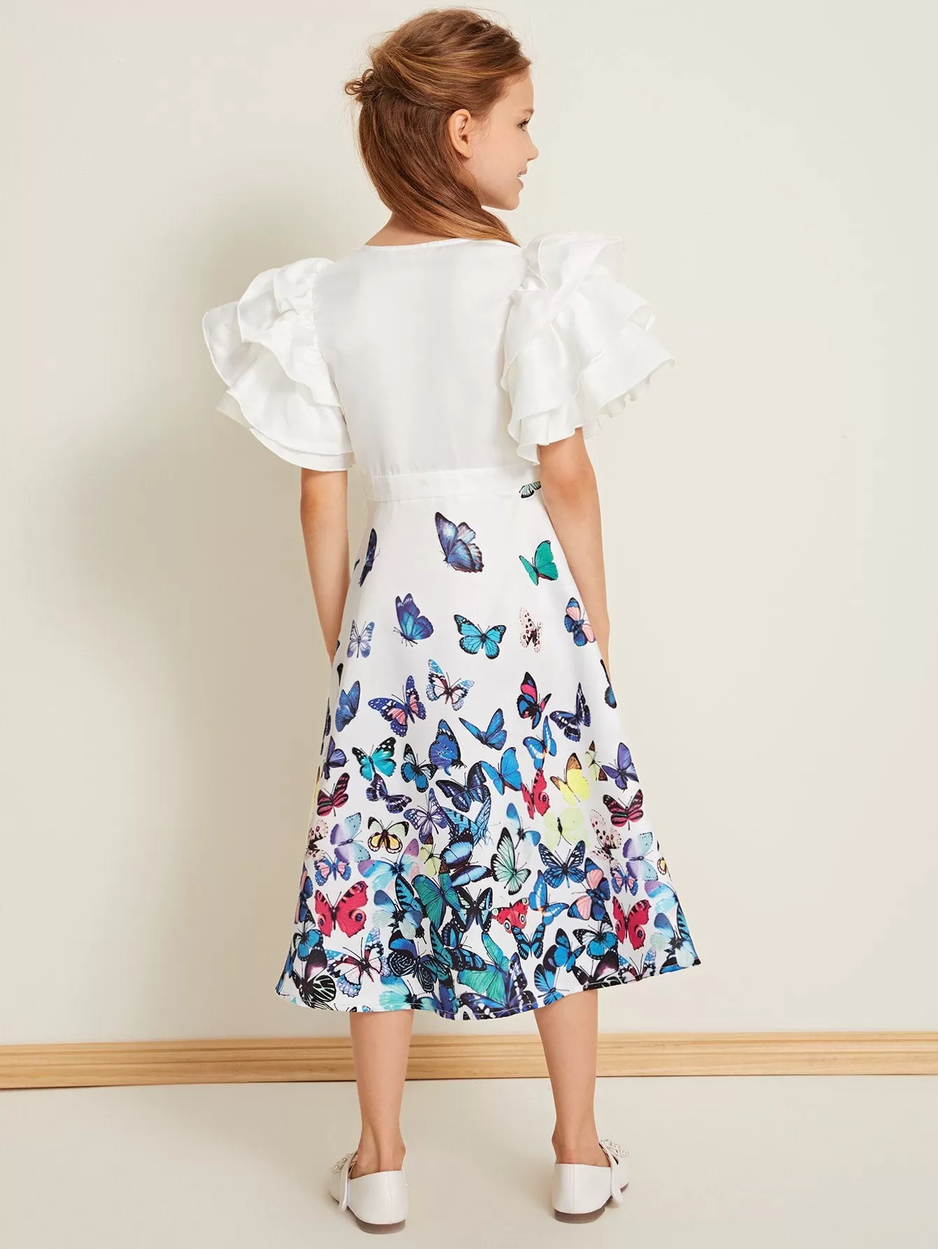 Girls Surplice Neck Exaggerate Ruffle Sleeve Butterfly Satin Dress