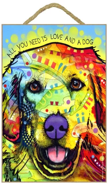 Golden Retriever - All you need is love and a dog (blue & yellow background) 7 x 10.5 wood plaques/signs featuring the artwork of Dean Russo